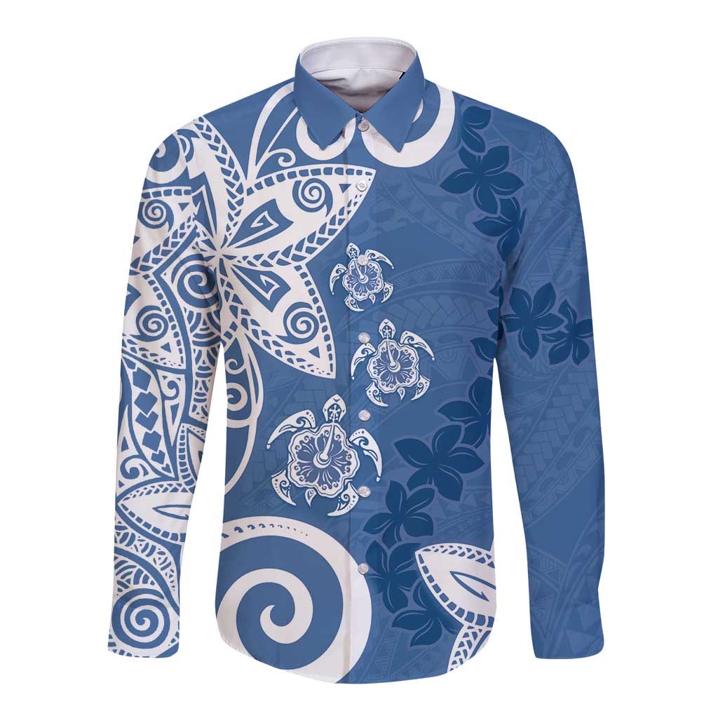 Polynesia Long Sleeve Button Shirt Blue Tribal Turtle Floral Pattern