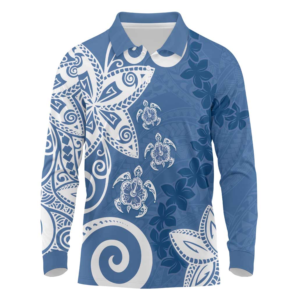 Polynesia Long Sleeve Polo Shirt Blue Tribal Turtle Floral Pattern LT05 Blue - Polynesian Pride