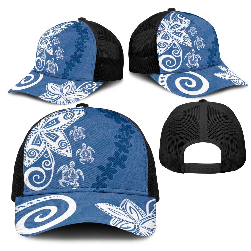 Polynesia Mesh Trucker Cap Blue Tribal Turtle Floral Pattern - Polynesian Pride