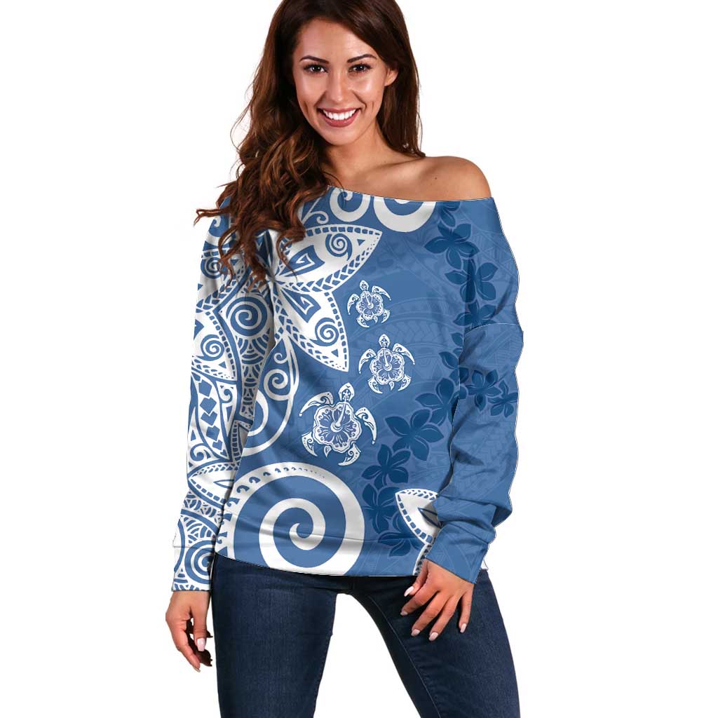 Polynesia Off Shoulder Sweater Blue Tribal Turtle Floral Pattern LT05 Women Blue - Polynesian Pride