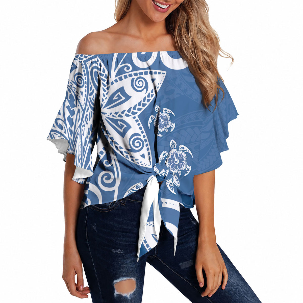 Polynesia Off Shoulder Wrap Waist Top Blue Tribal Turtle Floral Pattern LT05 - Polynesian Pride