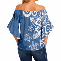 Polynesia Off Shoulder Wrap Waist Top Blue Tribal Turtle Floral Pattern LT05 - Polynesian Pride