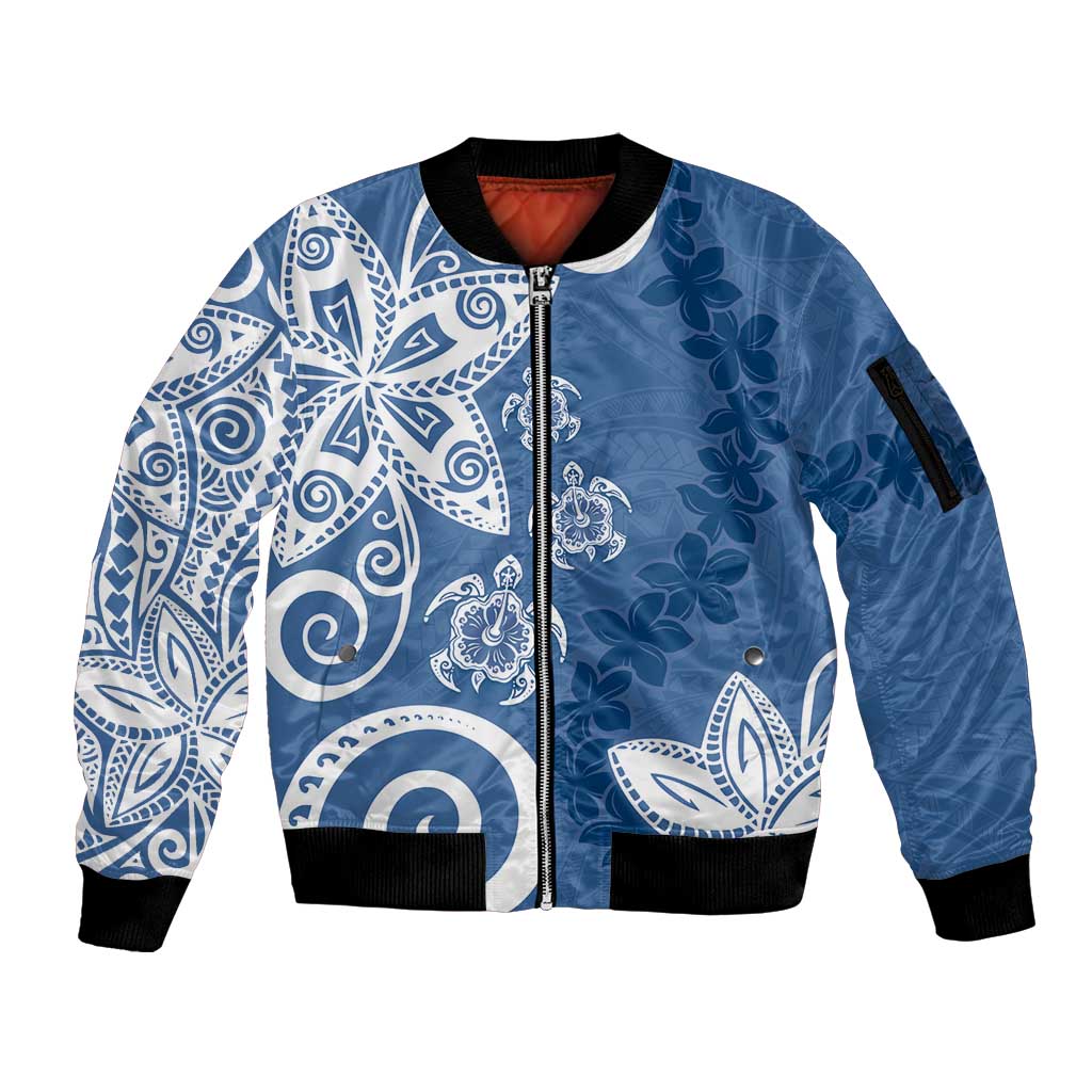 Polynesia Sleeve Zip Bomber Jacket Blue Tribal Turtle Floral Pattern LT05 Unisex Blue - Polynesian Pride