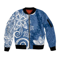 Polynesia Sleeve Zip Bomber Jacket Blue Tribal Turtle Floral Pattern LT05 Unisex Blue - Polynesian Pride