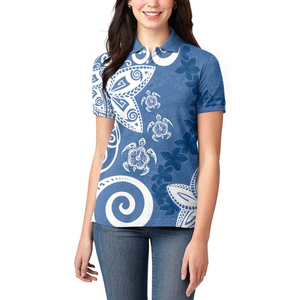 Polynesia Women Polo Shirt Blue Tribal Turtle Floral Pattern