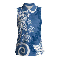 Polynesia Women Sleeveless Polo Shirt Blue Tribal Turtle Floral Pattern LT05 Female Blue - Polynesian Pride