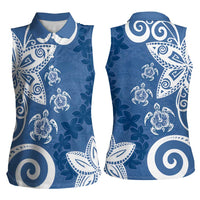 Polynesia Women Sleeveless Polo Shirt Blue Tribal Turtle Floral Pattern LT05 - Polynesian Pride