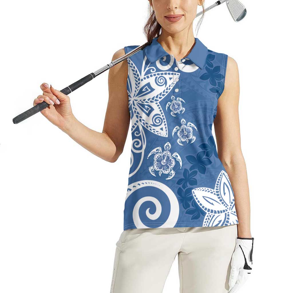 Polynesia Women Sleeveless Polo Shirt Blue Tribal Turtle Floral Pattern LT05 - Polynesian Pride