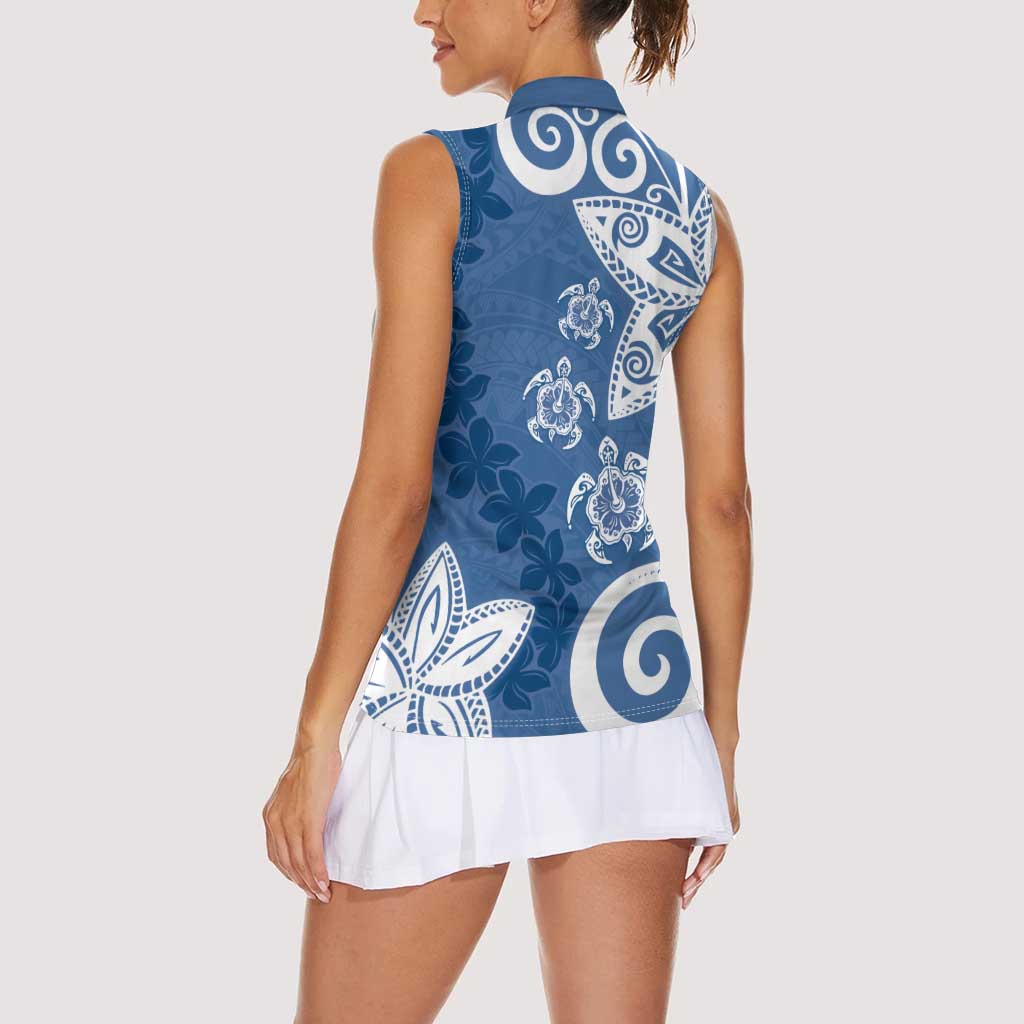 Polynesia Women Sleeveless Polo Shirt Blue Tribal Turtle Floral Pattern LT05 - Polynesian Pride