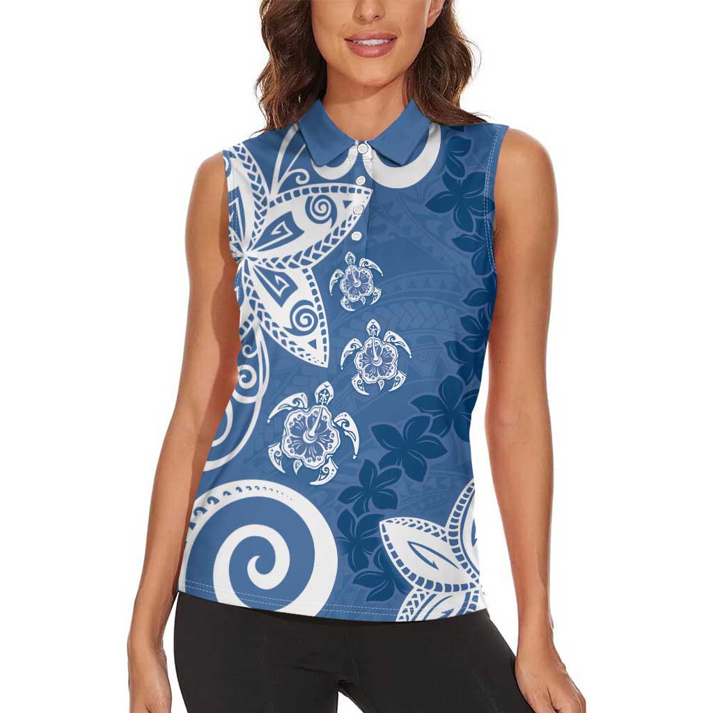 Polynesia Women Sleeveless Polo Shirt Blue Tribal Turtle Floral Pattern LT05 - Polynesian Pride