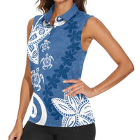 Polynesia Women Sleeveless Polo Shirt Blue Tribal Turtle Floral Pattern LT05 - Polynesian Pride