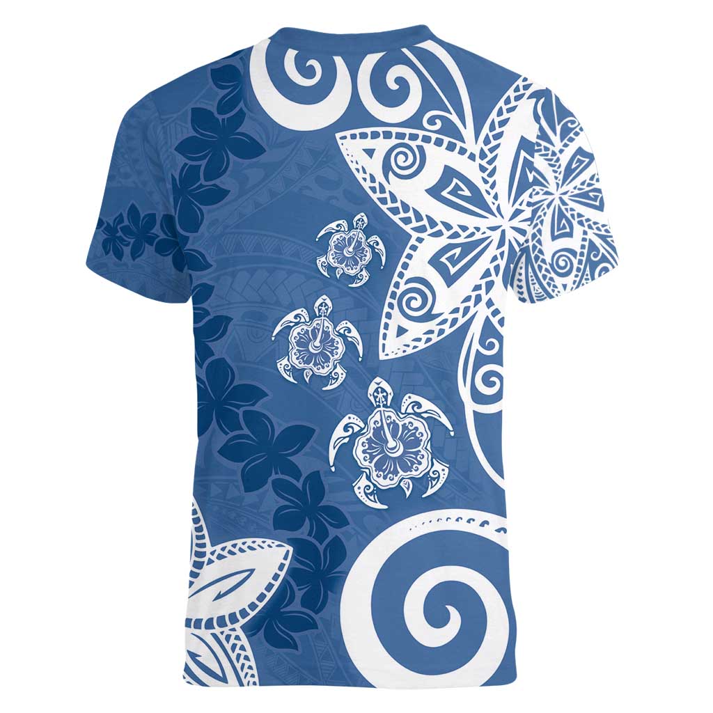 Polynesia Women V-Neck T-Shirt Blue Tribal Turtle Floral Pattern