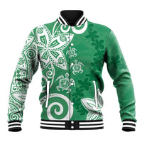 Polynesia Baseball Jacket Green Tribal Turtle Floral Pattern