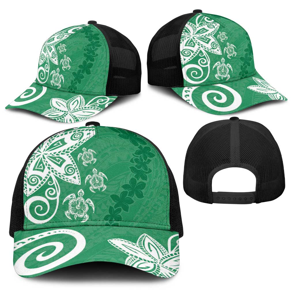 Polynesia Baseball Net Cap Green Tribal Turtle Floral Pattern - Polynesian Pride