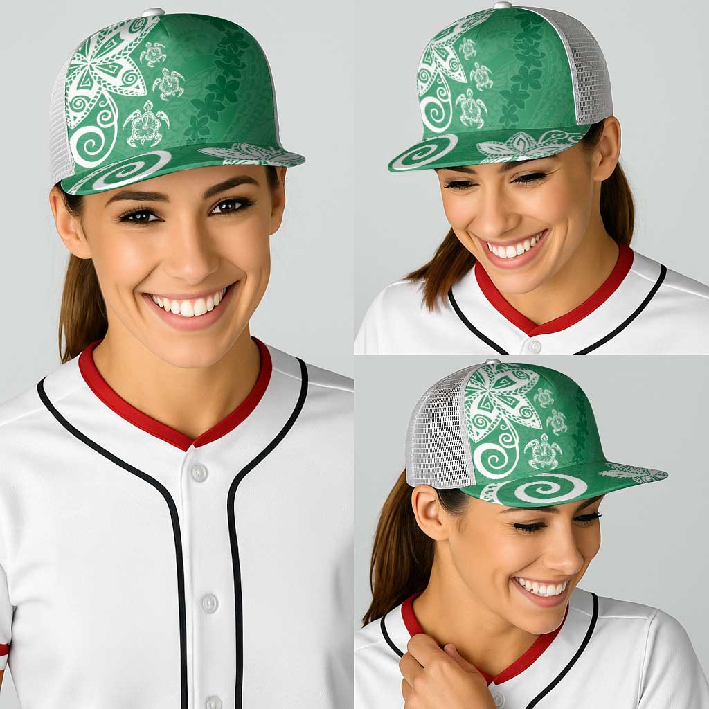 Polynesia Baseball Net Cap Green Tribal Turtle Floral Pattern - Polynesian Pride