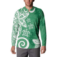 Polynesia Button Sweatshirt Green Tribal Turtle Floral Pattern