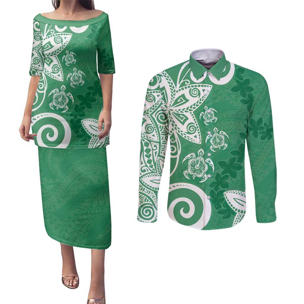 Polynesia Couples Matching Puletasi and Long Sleeve Button Shirt Green Tribal Turtle Floral Pattern