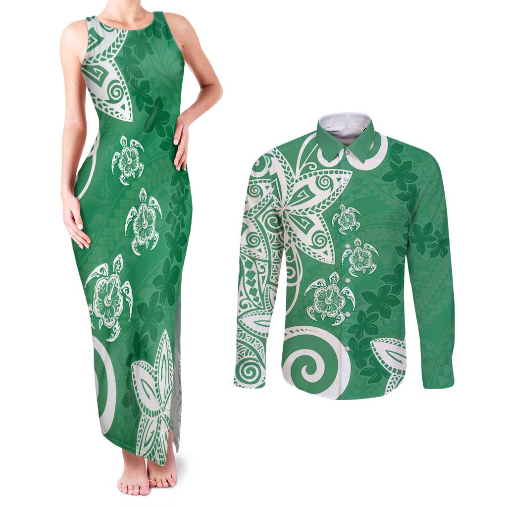 Polynesia Couples Matching Tank Maxi Dress and Long Sleeve Button Shirt Green Tribal Turtle Floral Pattern LT05 Green - Polynesian Pride