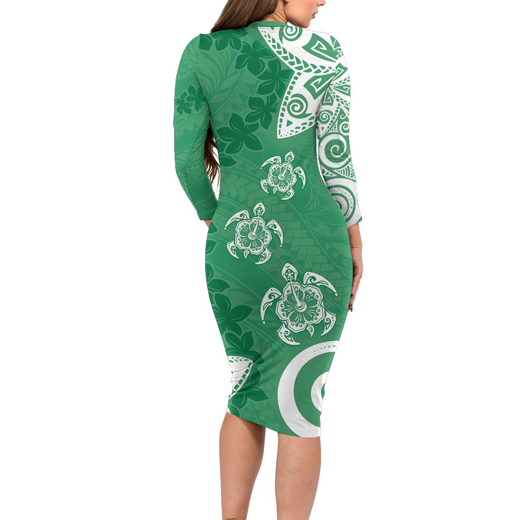 Polynesia Family Matching Long Sleeve Bodycon Dress and Hawaiian Shirt Green Tribal Turtle Floral Pattern LT05 - Polynesian Pride