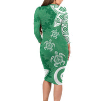 Polynesia Family Matching Long Sleeve Bodycon Dress and Hawaiian Shirt Green Tribal Turtle Floral Pattern LT05 - Polynesian Pride