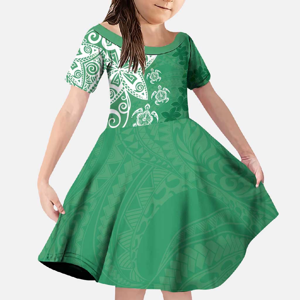 Polynesia Family Matching Mermaid Dress and Hawaiian Shirt Green Tribal Turtle Floral Pattern LT05 Daughter's Dress Green - Polynesian Pride