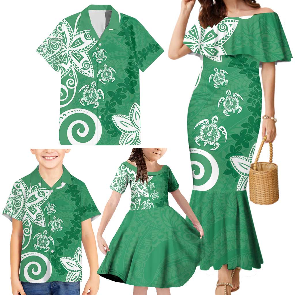 Polynesia Family Matching Mermaid Dress and Hawaiian Shirt Green Tribal Turtle Floral Pattern LT05 - Polynesian Pride
