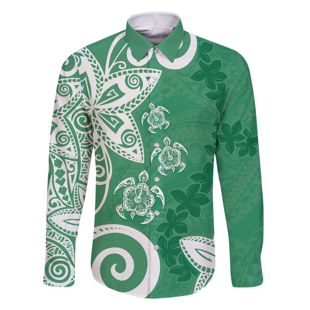Polynesia Family Matching Mermaid Dress and Hawaiian Shirt Green Tribal Turtle Floral Pattern LT05 Dad's Shirt - Long Sleeve Green - Polynesian Pride