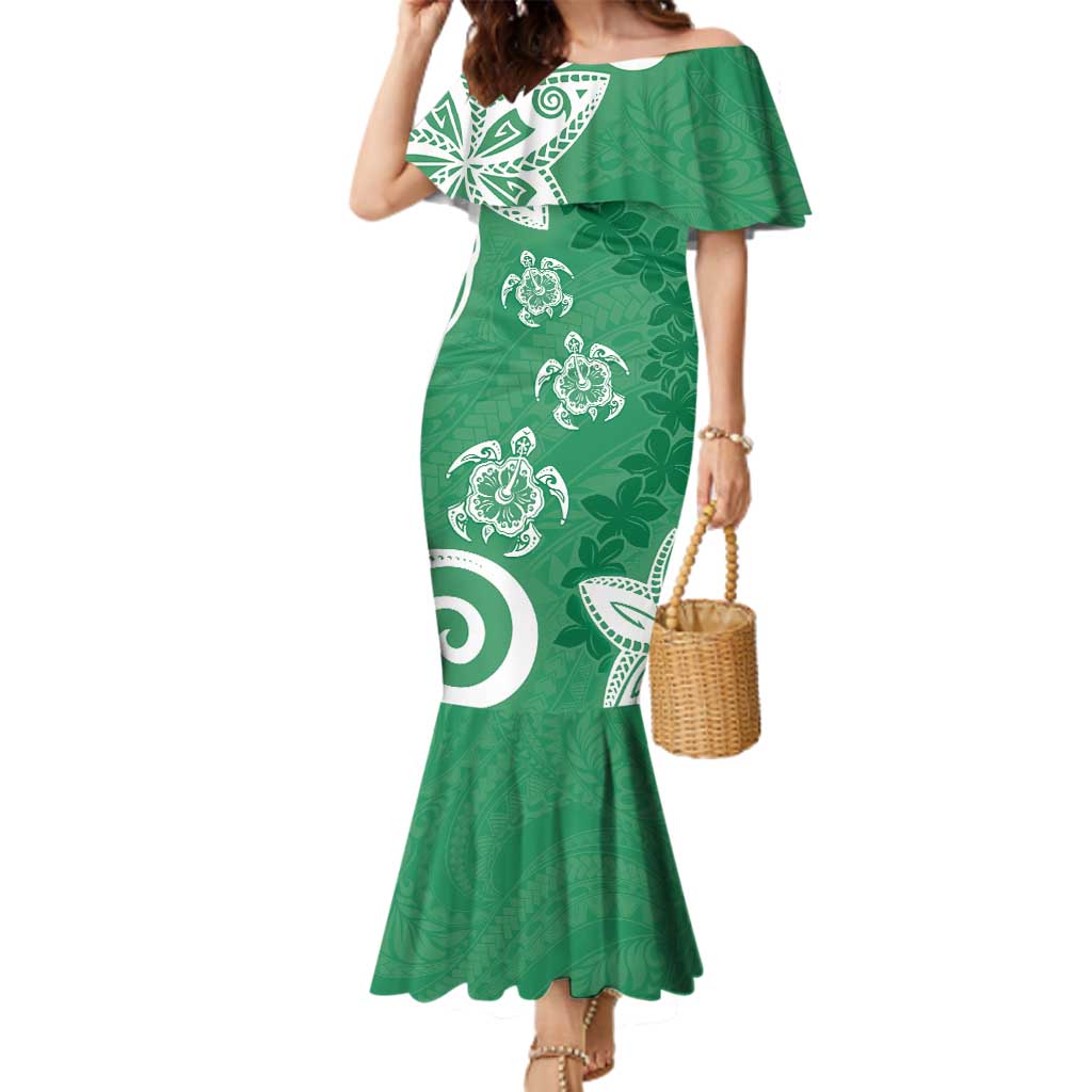 Polynesia Family Matching Mermaid Dress and Hawaiian Shirt Green Tribal Turtle Floral Pattern LT05 Mom's Dress Green - Polynesian Pride