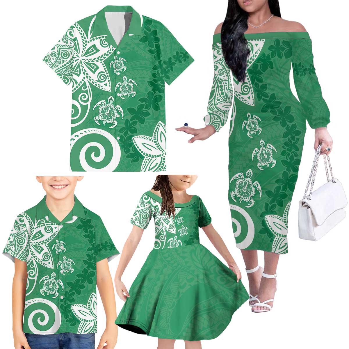 Polynesia Family Matching Off The Shoulder Long Sleeve Dress and Hawaiian Shirt Green Tribal Turtle Floral Pattern LT05 - Polynesian Pride