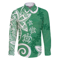 Polynesia Family Matching Off The Shoulder Long Sleeve Dress and Hawaiian Shirt Green Tribal Turtle Floral Pattern LT05 Dad's Shirt - Long Sleeve Green - Polynesian Pride