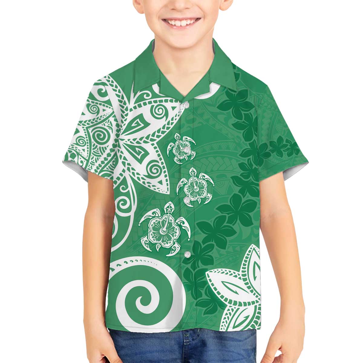 Polynesia Family Matching Off The Shoulder Long Sleeve Dress and Hawaiian Shirt Green Tribal Turtle Floral Pattern LT05 Son's Shirt Green - Polynesian Pride