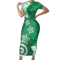 Polynesia Family Matching Short Sleeve Bodycon Dress and Hawaiian Shirt Green Tribal Turtle Floral Pattern LT05 Mom's Dress Green - Polynesian Pride