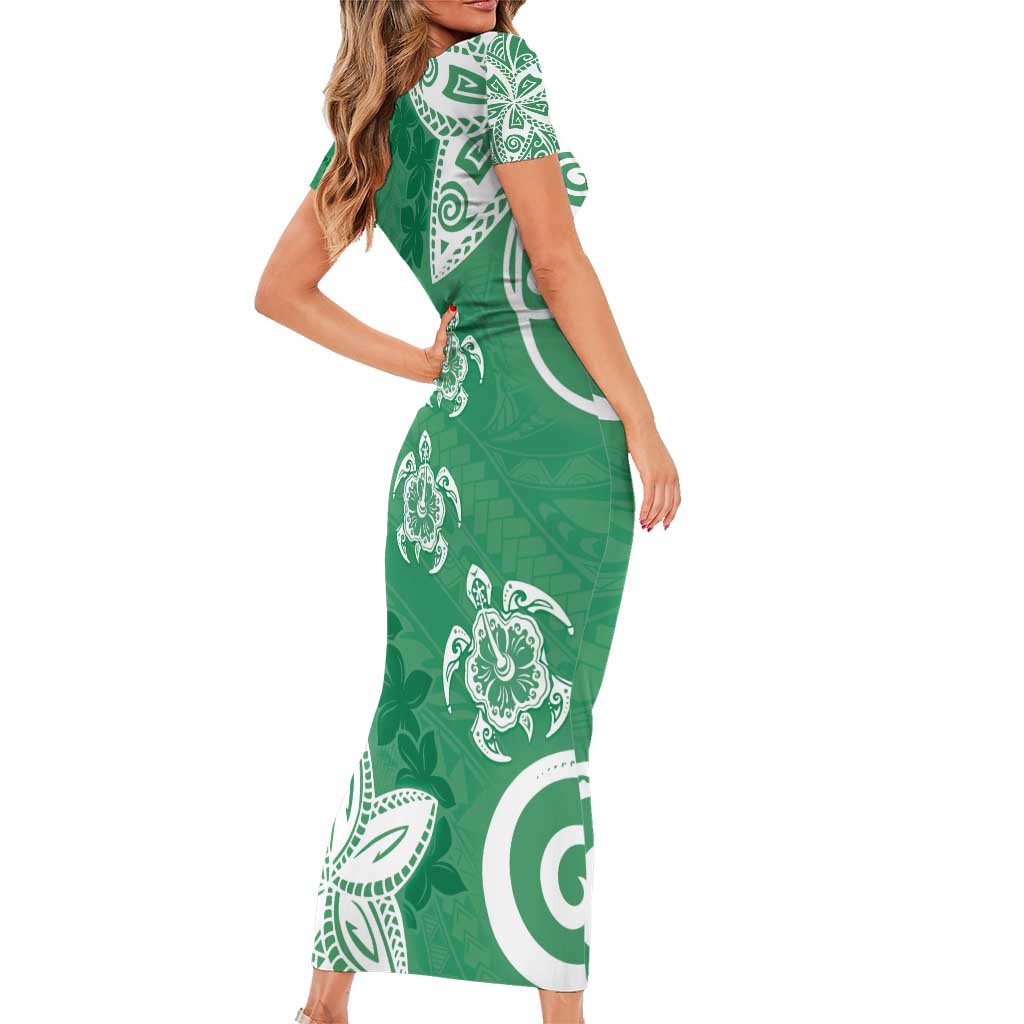 Polynesia Family Matching Short Sleeve Bodycon Dress and Hawaiian Shirt Green Tribal Turtle Floral Pattern LT05 - Polynesian Pride