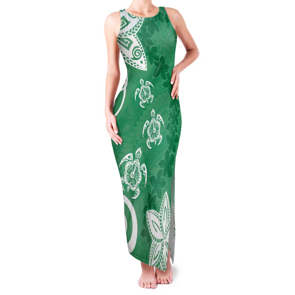 Polynesia Family Matching Tank Maxi Dress and Hawaiian Shirt Green Tribal Turtle Floral Pattern