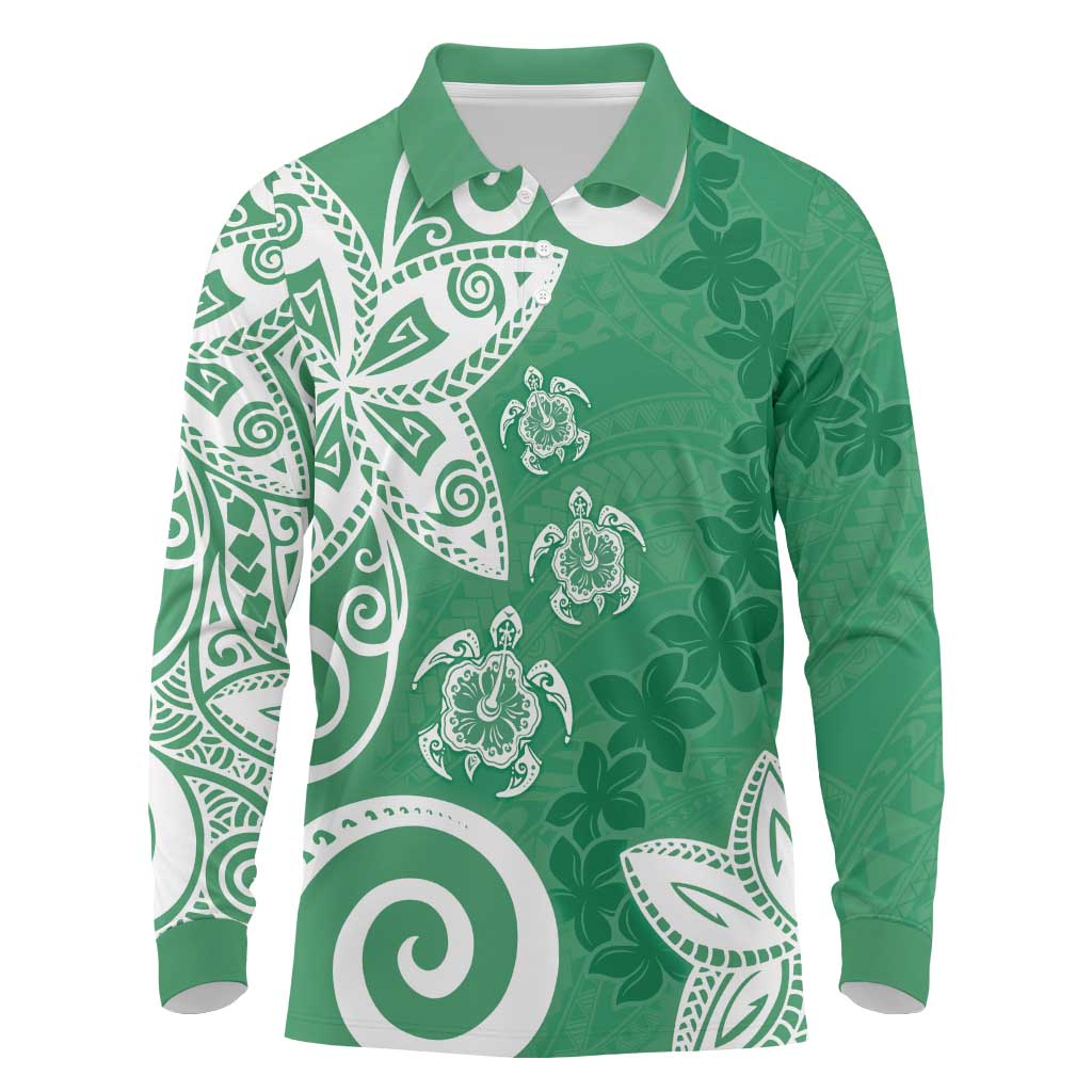 Polynesia Long Sleeve Polo Shirt Green Tribal Turtle Floral Pattern LT05 Green - Polynesian Pride