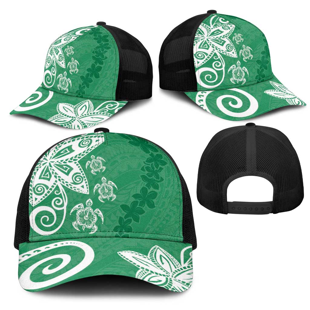 Polynesia Mesh Trucker Cap Green Tribal Turtle Floral Pattern - Polynesian Pride