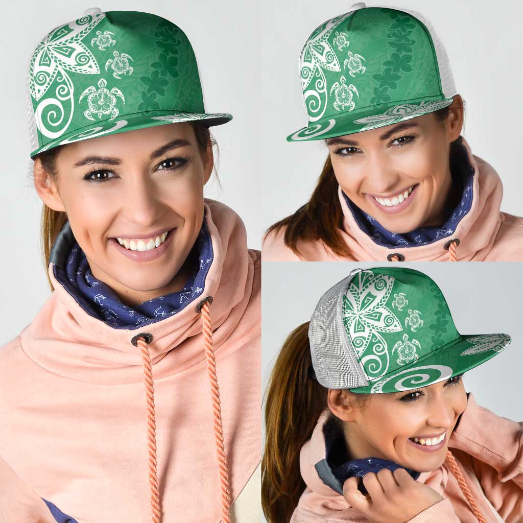 Polynesia Mesh Trucker Cap Green Tribal Turtle Floral Pattern - Polynesian Pride