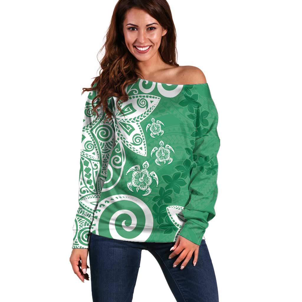 Polynesia Off Shoulder Sweater Green Tribal Turtle Floral Pattern LT05 Women Green - Polynesian Pride