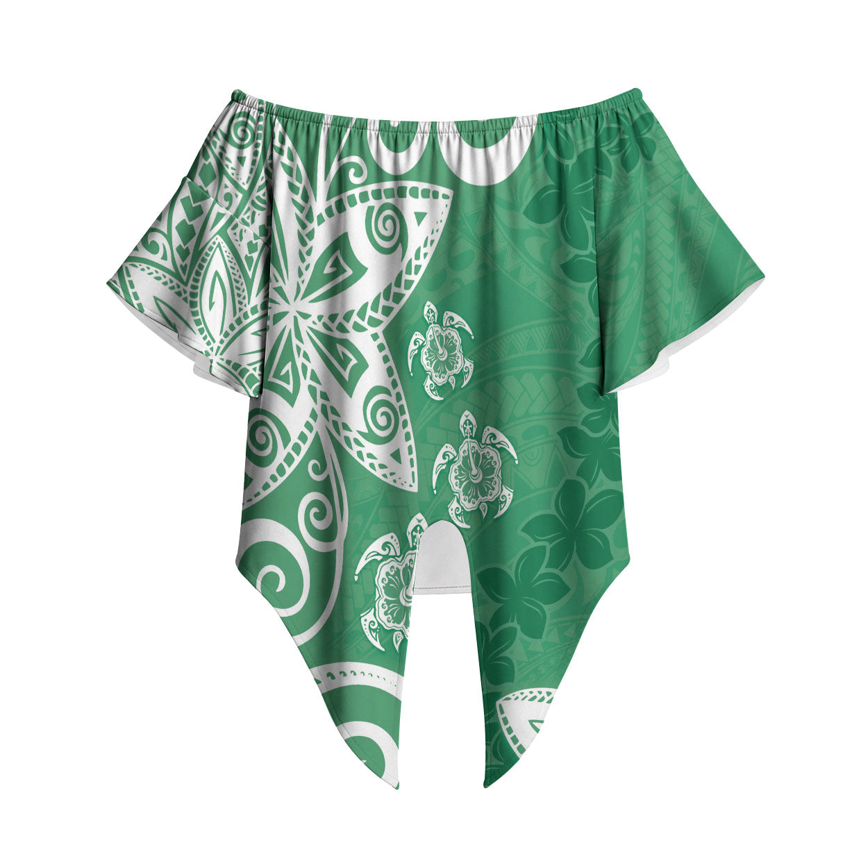 Polynesia Off Shoulder Wrap Waist Top Green Tribal Turtle Floral Pattern LT05 Green - Polynesian Pride