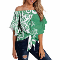 Polynesia Off Shoulder Wrap Waist Top Green Tribal Turtle Floral Pattern LT05 - Polynesian Pride