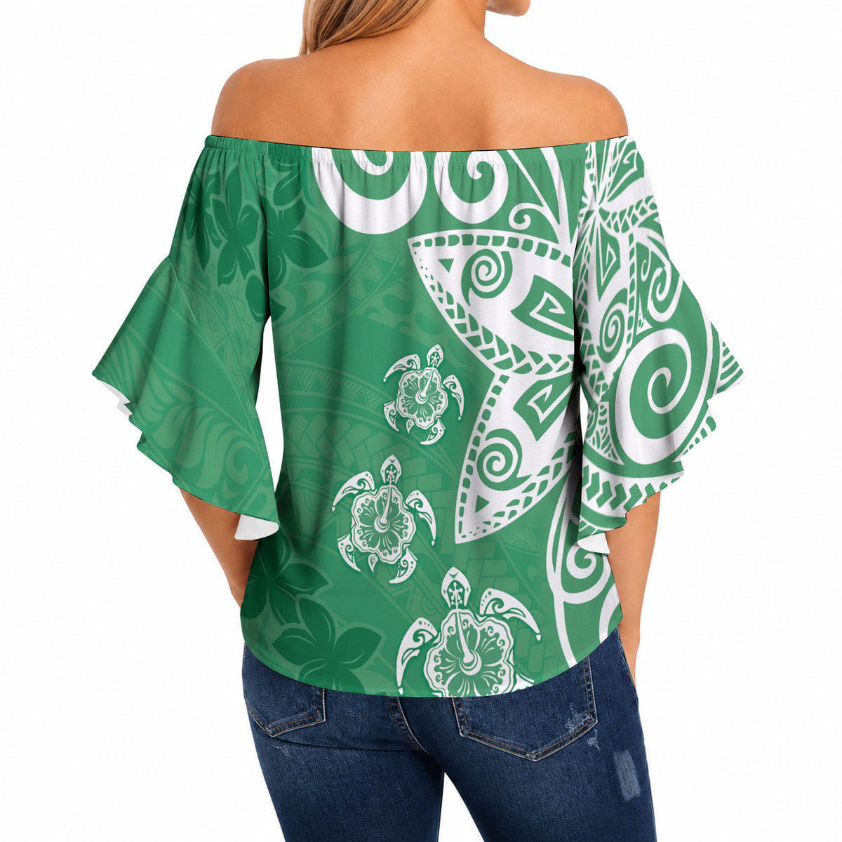 Polynesia Off Shoulder Wrap Waist Top Green Tribal Turtle Floral Pattern LT05 - Polynesian Pride
