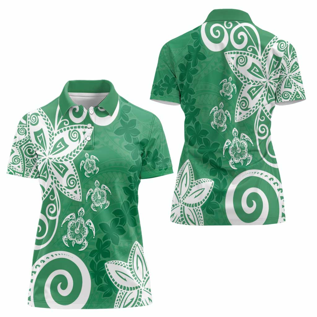 Polynesia Women Polo Shirt Green Tribal Turtle Floral Pattern