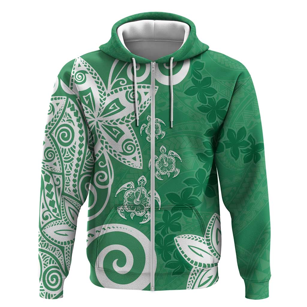 Polynesia Zip Hoodie Green Tribal Turtle Floral Pattern LT05 Zip Hoodie Green - Polynesian Pride