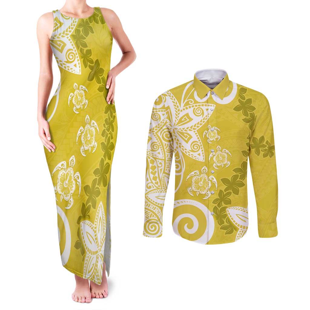 Polynesia Couples Matching Tank Maxi Dress and Long Sleeve Button Shirt Yellow Tribal Turtle Floral Pattern LT05 Yellow - Polynesian Pride