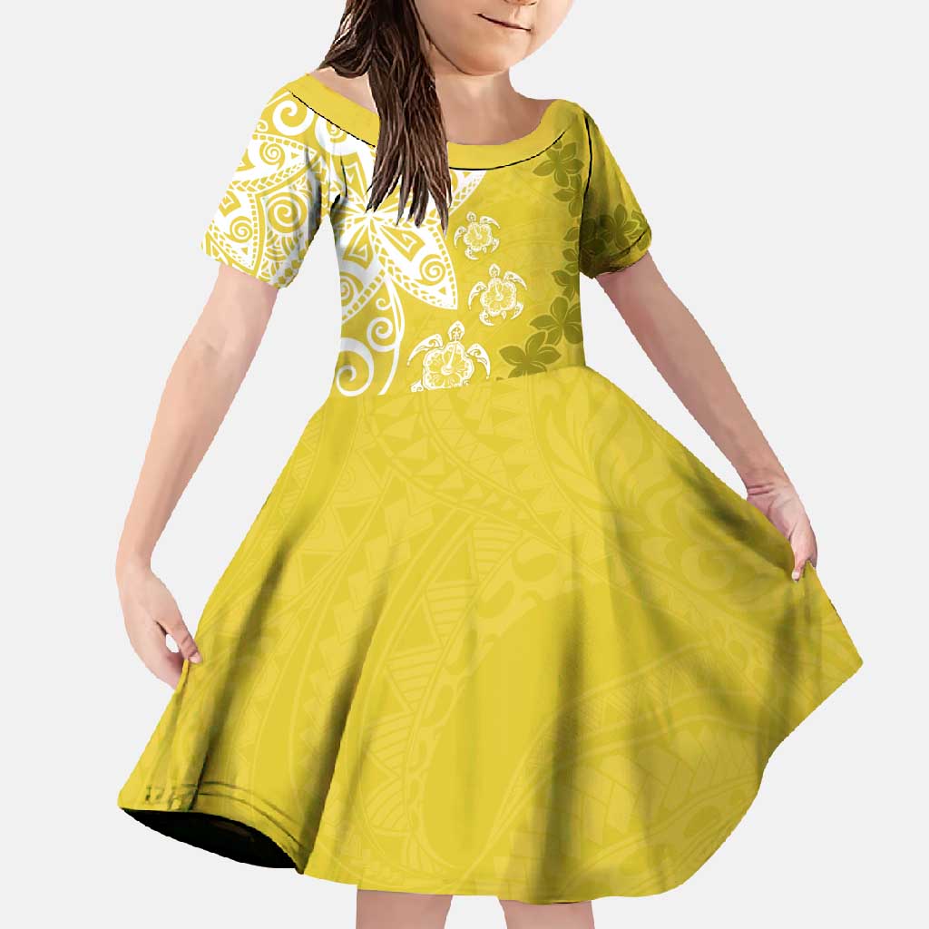 Polynesia Family Matching Long Sleeve Bodycon Dress and Hawaiian Shirt Yellow Tribal Turtle Floral Pattern LT05 Daughter's Dress Yellow - Polynesian Pride
