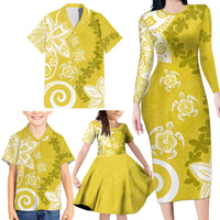 Polynesia Family Matching Long Sleeve Bodycon Dress and Hawaiian Shirt Yellow Tribal Turtle Floral Pattern LT05 - Polynesian Pride