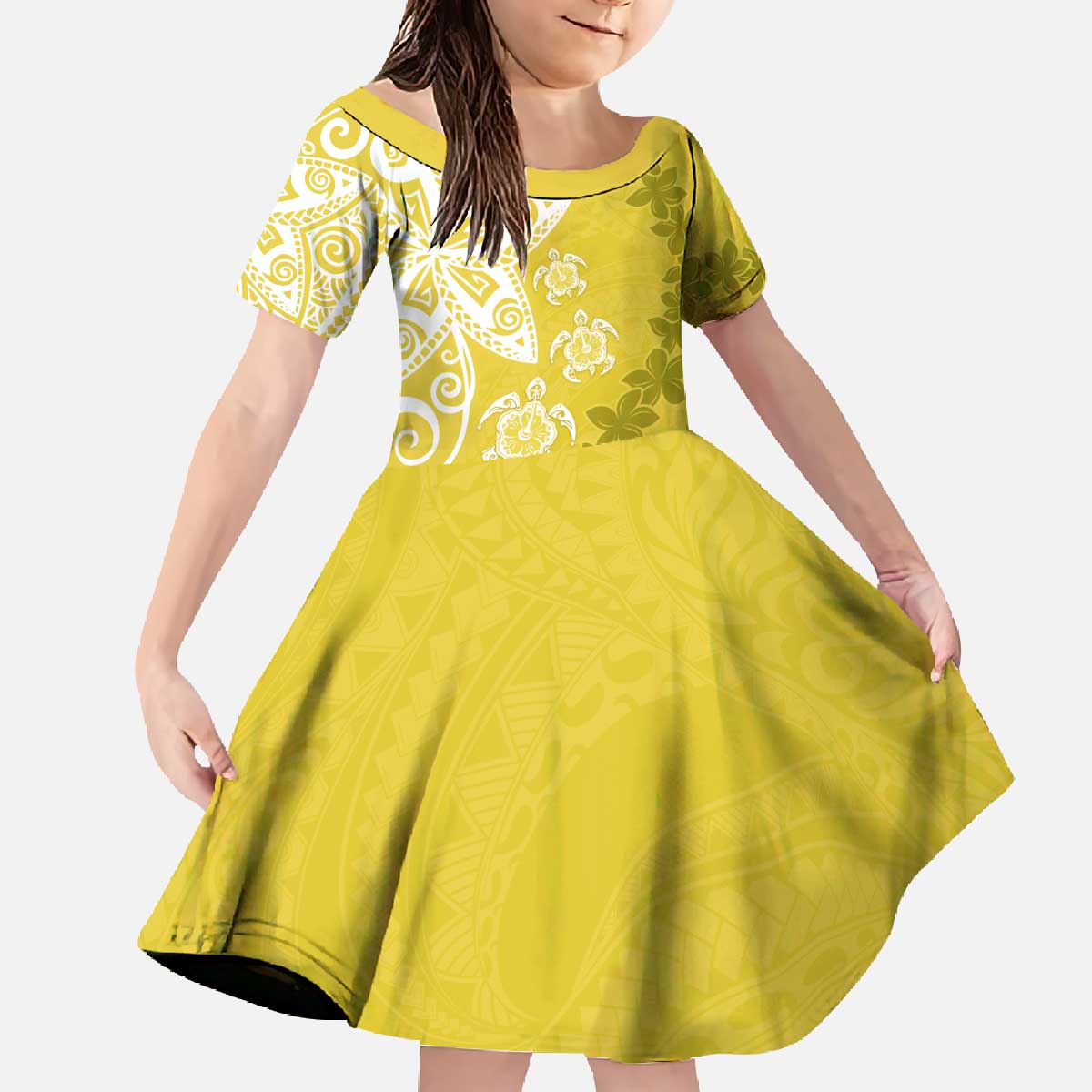 Polynesia Family Matching Off The Shoulder Long Sleeve Dress and Hawaiian Shirt Yellow Tribal Turtle Floral Pattern LT05 Daughter's Dress Yellow - Polynesian Pride