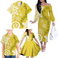 Polynesia Family Matching Off The Shoulder Long Sleeve Dress and Hawaiian Shirt Yellow Tribal Turtle Floral Pattern LT05 - Polynesian Pride