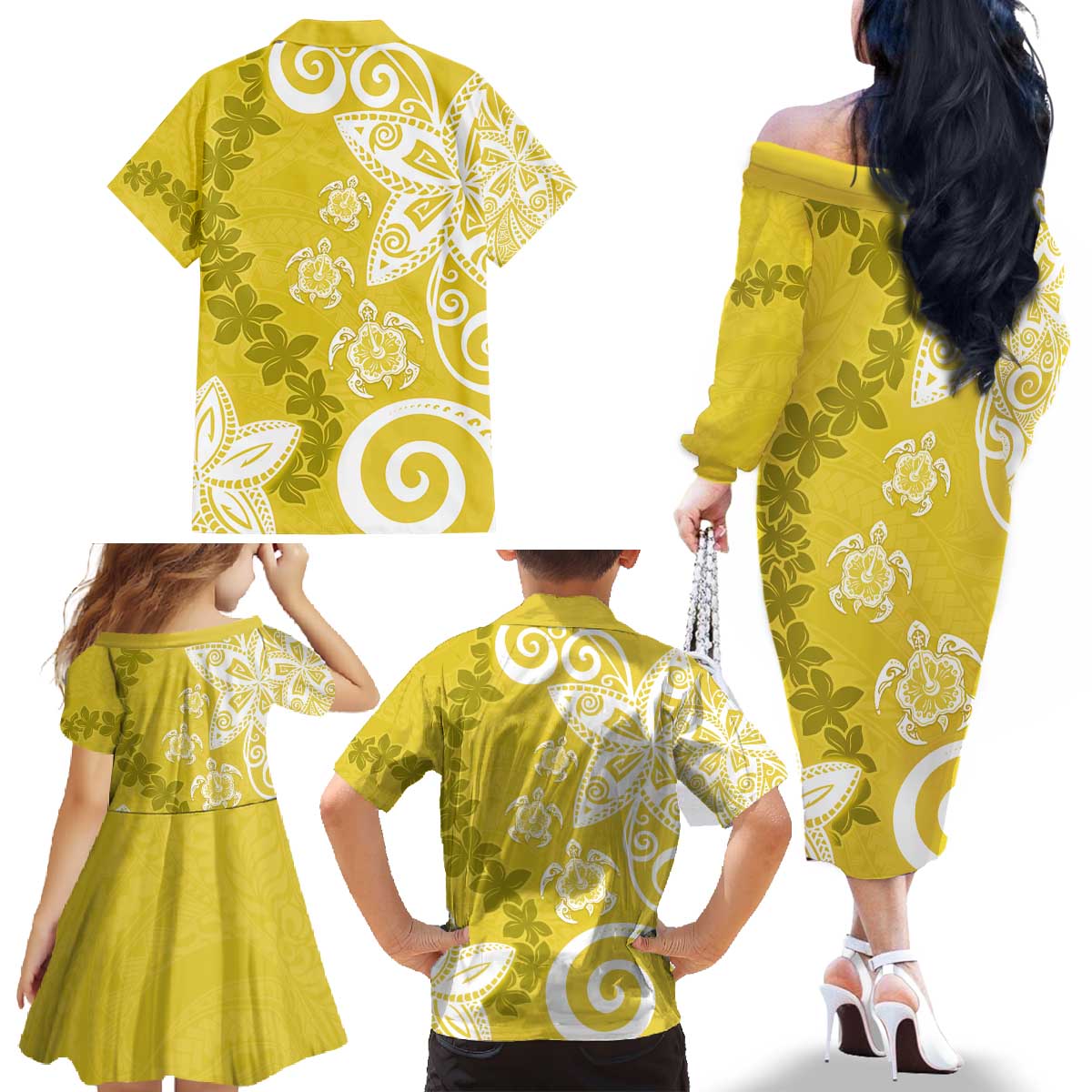 Polynesia Family Matching Off The Shoulder Long Sleeve Dress and Hawaiian Shirt Yellow Tribal Turtle Floral Pattern LT05 - Polynesian Pride