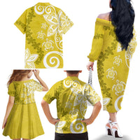 Polynesia Family Matching Off The Shoulder Long Sleeve Dress and Hawaiian Shirt Yellow Tribal Turtle Floral Pattern LT05 - Polynesian Pride